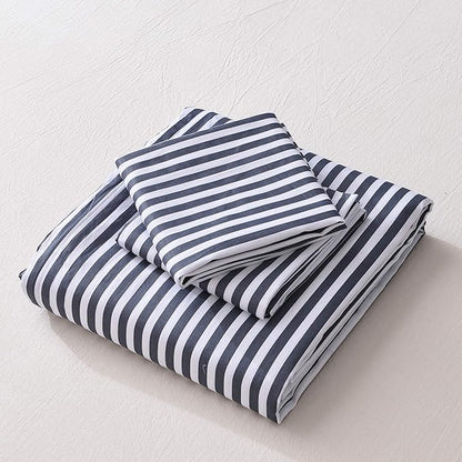 JELLYMONI 100% Natural Cotton 3pcs Striped Duvet Cover Sets,White with Navy Blue Stripes Pattern Printed Comforter Cover,with Zipper Closure & Corner Ties(Queen Size)