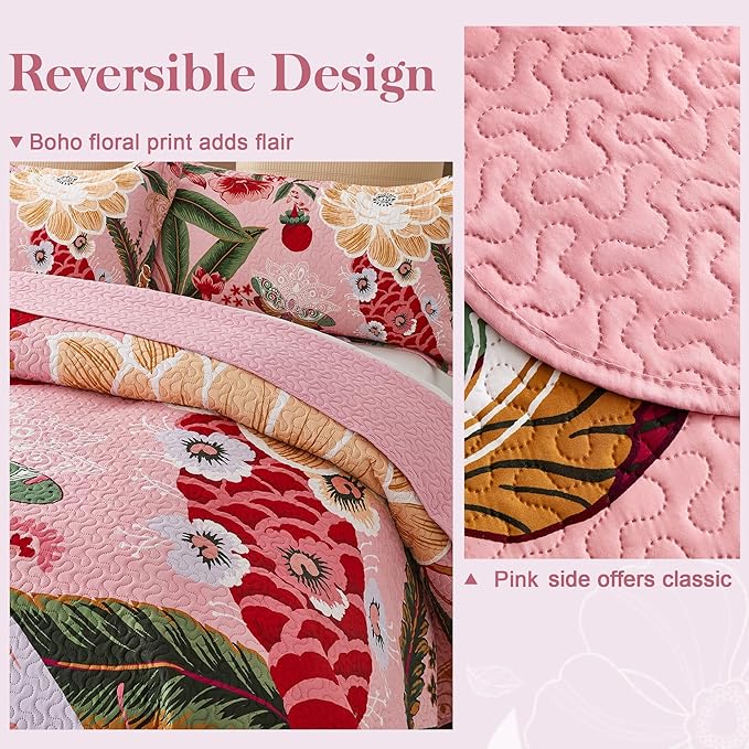 3 Piece Pink Boho Floral King Size Quilt Sets Farmhouse Botanical Reversible Lightweight Bedspread with 2 Shams Butterfly Microfiber Bedding Quilts Set for All Season,106''x96''