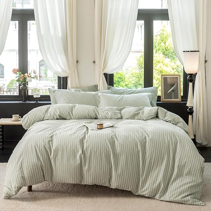 Reversible Duvet Cover Set 100% Washed Cotton Green Stripe Linen Feel Duvet Cover Super Queen Size with Zipper Closure & 2 Pillow Shams, Celadon Green/White Stripe Reverse Solid Celadon Green