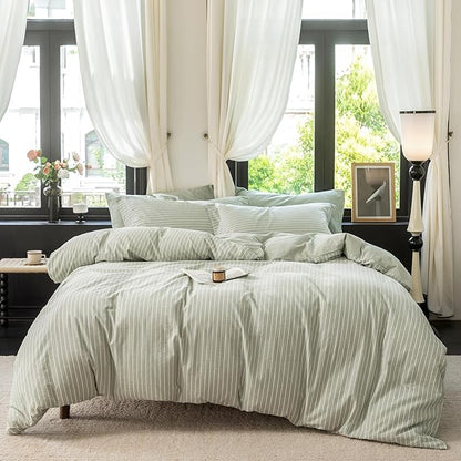 Reversible Duvet Cover Set 100% Washed Cotton Green Stripe Linen Feel Duvet Cover Oversized Queen Size with Zipper Closure & 2 Pillow Shams, Celadon Green/White Stripe Reverse Solid Green