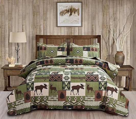 Ycosy Rustic Lodge Quilt Set Moose Elk Bedspread Full/Queen Size Forest Bear Deer Quilt Matcha Green Reversible Festive Cabin Coverlets Farmhouse Decor Bed Cover Sets with 2 Pillow Shams