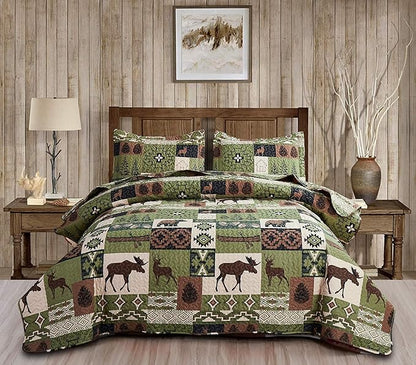 Ycosy Rustic Lodge Quilt Set Moose Elk Bedspread Twin Size Forest Bear Deer Quilt Matcha Green Reversible Festive Cabin Coverlets Farmhouse Decor Bed Cover Sets with 2 Pillow Shams