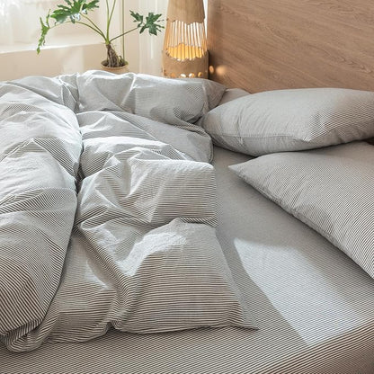 MooMee Striped Duvet Cover Set 100% Washed Cotton Linen Like Textured Breathable Durable Soft Comfy (Dark Grey White Pinstripes, King 104"x90")