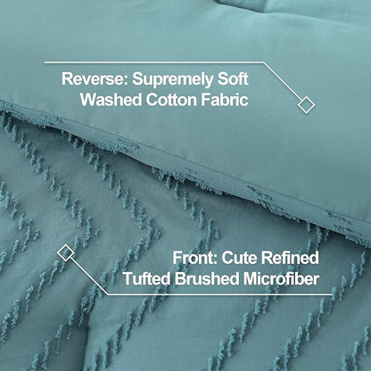 Litanika Comforter Super King Plus Size Set Grayish Teal, 3 Pieces Chevron Tufted Solid Bedding Comforter Sets, Fluffy Bed Set