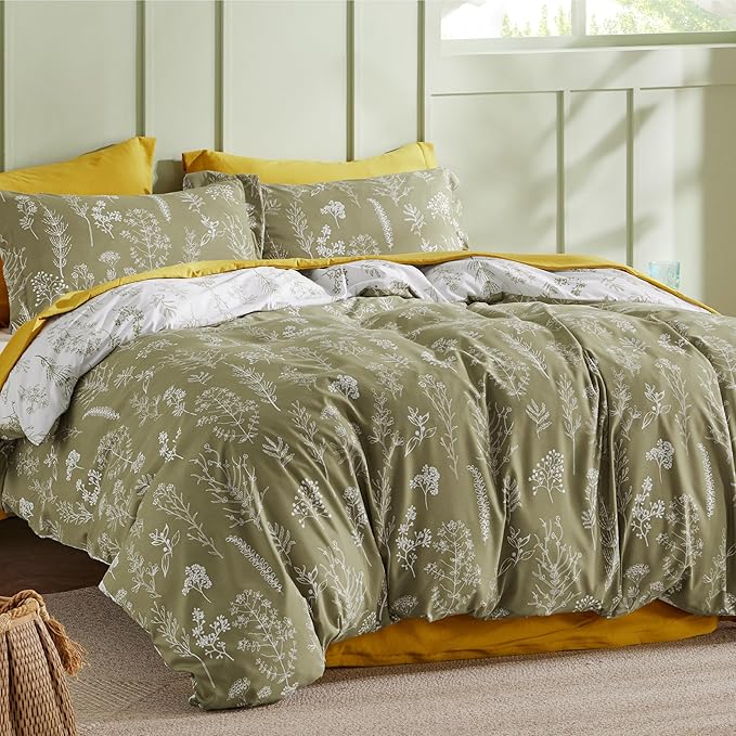Bedsure Duvet Cover Queen Size - Reversible Olive Green Queen Duvet Cover Set with Zipper Closure, 3 Pieces Floral Patterned Bedding Set with 8 Corner Ties and 2 Pillow Shams