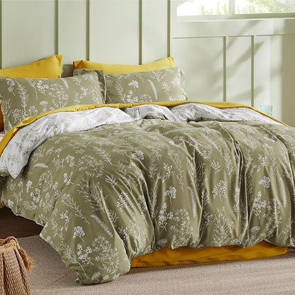 Bedsure Duvet Cover King Size - Reversible Olive Green King Duvet Cover Set with Zipper Closure, 3 Pieces Floral Patterned Bedding Set with 8 Corner Ties and 2 Pillow Shams