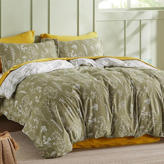 Bedsure Duvet Cover King Size - Reversible Olive Green King Duvet Cover Set with Zipper Closure, 3 Pieces Floral Patterned Bedding Set with 8 Corner Ties and 2 Pillow Shams