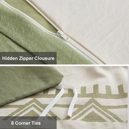 Oli Anderson Boho Duvet Cover Set King Size, Beige and Sage Green Color Clash 3 Pieces Microfiber Bedding Set, Durable and Super Soft Duvet Covers with Zipper and Ties, 104"*90"