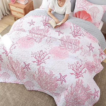 weigelia Coastal Quilts Bedding Set Queen Size - Pink Summer Nautical Bedding Quilt with Pillow Cases, Beach Reversible Quilt Set Ocean Coral Bedspreads Coverlet Soft Lightweight Comforter