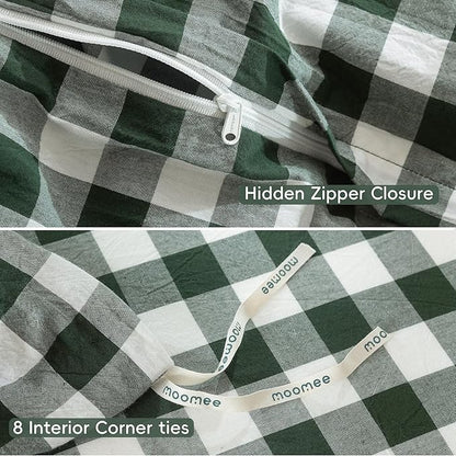 MooMee Gingham Duvet Cover Set 100% Washed Cotton Linen Like Textured Breathable Durable Soft Comfy Modern Checkered Design (Buffalo Plaid Forest Green, King 104"x90")