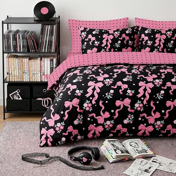 Pink Bow Comforter Set Twin Size, Black Pink Love Heart Bedding Set, 2 Pcs Soft Microfiber Priness Bed Set with 1 Pillowcase, 68"x86"