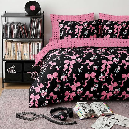 Pink Bow Comforter Set Twin Size, Black Pink Love Heart Bedding Set, 2 Pcs Soft Microfiber Priness Bed Set with 1 Pillowcase, 68"x86"