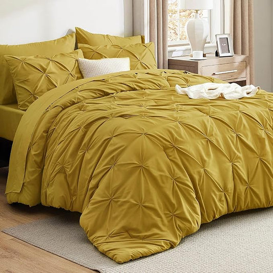 Bedsure Queen Comforter Set - Bed in a Bag Queen Size Bedding 7 Pieces, GentleSoft™ Pintuck Bed Set Gift for Family, Pinch Pleat Mustard Yellow Comforter with Sheets, Pillowcases & Shams