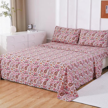 Softan Pink Paisley Floral Queen Sheet Set, Cozy Boho Microfiber Printed Fitted Bed Sheet with 15" Deep Pockets & Corner Non-Slip Straps, Patterned Sheets & Pillowcase Set