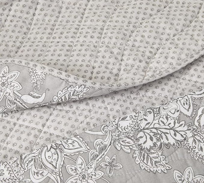 Chezmoi Collection Robyn 3-Piece Neutral Taupe Gray White Floral Hibiscus Flower Patchwork Striped Quilt Set - Pre-Washed Cotton Coverlet - Lightweight Reversible Bedspread, Queen Size