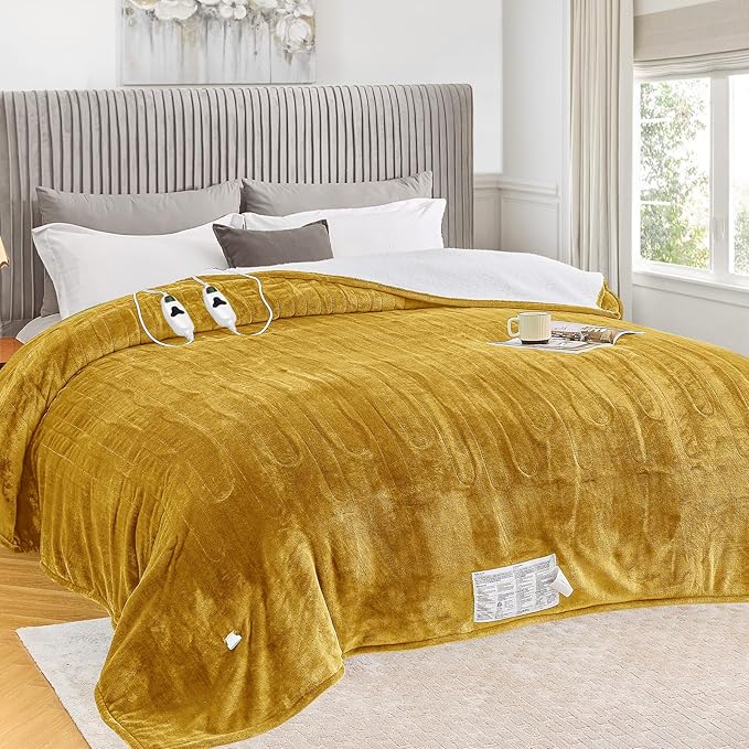 greenoak Heated Blanket Electric King Size 100"X90" Dual Control, Heating Blankets with 10 Levels 8 Hours Auto-Off, Soft Flannel House Warming Gifts for Grandma Seniors Mom, Brownish Yellow