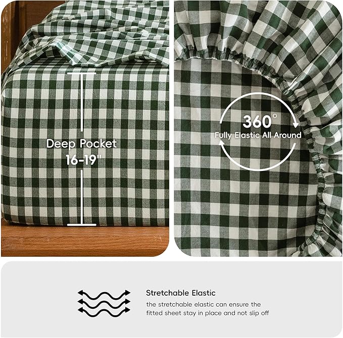 MooMee Gingham Sheet Set 100% Washed Cotton Linen Like Textured Breathable Soft w/Fully Elasticized 16-19" Deep Pocket (Classic Gingham Forest Green, King)