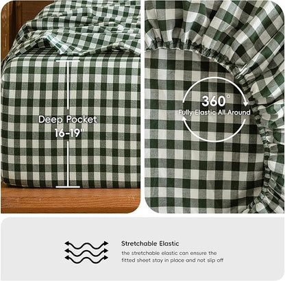 MooMee Gingham Sheet Set 100% Washed Cotton Linen Like Textured Breathable Soft w/Fully Elasticized 16-19" Deep Pocket (Classic Gingham Forest Green, King)