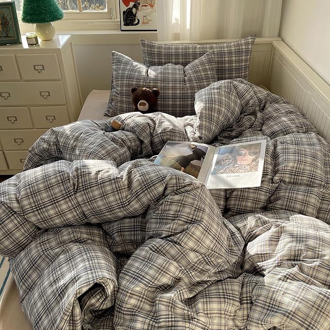 MKXI Full Modern Plaid Duvet Cover Set 3 Piece - Deep Navy Washed Cotton Bedding, Modern Farmhouse Check Design, Breathable & Vintage Linen Like Bedding Set with Zipper Closure