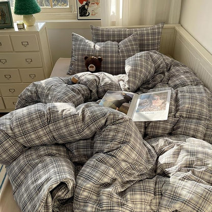 MKXI Full Modern Plaid Duvet Cover Set 3 Piece - Deep Navy Washed Cotton Bedding, Modern Farmhouse Check Design, Breathable & Vintage Linen Like Bedding Set with Zipper Closure