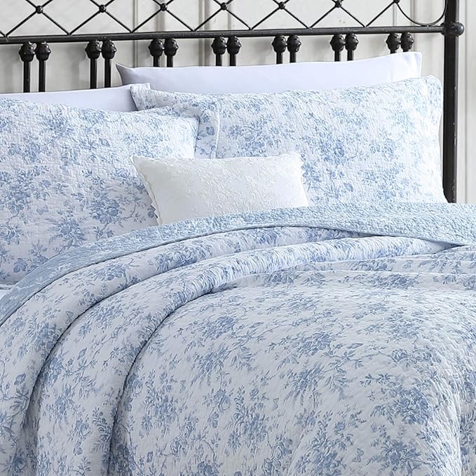 Laura Ashley - Full/Queen Quilt Set, Reversible Cotton Bedding with Matching Sham, Medium-Weight for Year Round Use, Floral Print Bed Set (Walled Garden Blue)