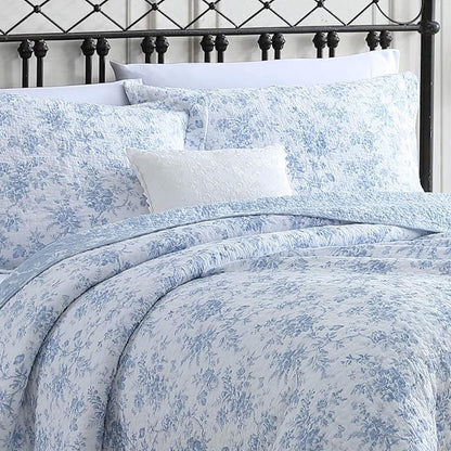 Laura Ashley - Full/Queen Quilt Set, Reversible Cotton Bedding with Matching Sham, Medium-Weight for Year Round Use, Floral Print Bed Set (Walled Garden Blue)
