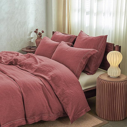 Simple&Opulence 100% French Linen Euro Shams with Embroidery (26'' x 26'') - Pack of 2 - Pre Washed Solid Color Natural Flax Soft Breathable - Coral Red
