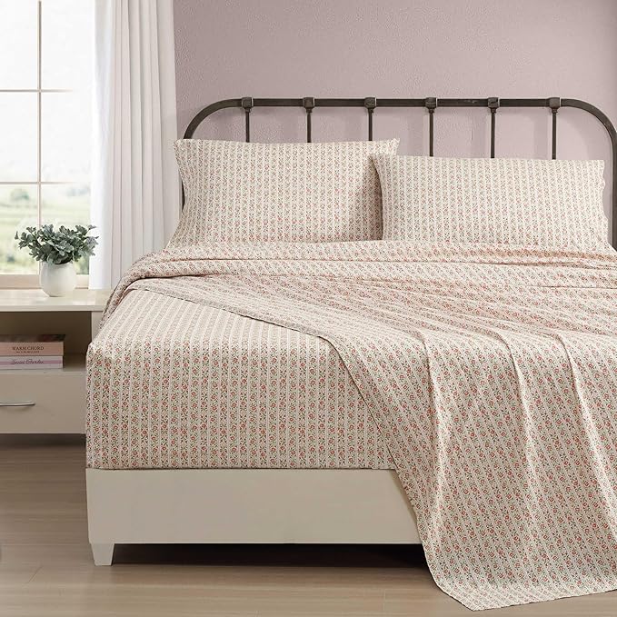 Laura Ashley - Full Sheets, Cotton Percale Bedding Set, Lightweight & Breathable Home Decor, Oeko-Tex Certified (Marta Stripe Pink, Full)