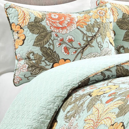 Lush Decor Sydney Reversible Cotton Quilt Set, 3 Piece Set, King, Blue & Green - Cotton Bedding Set - Blue Floral Quilt - Cottage Decor - Bedding King Size