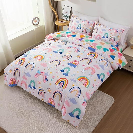 Btargot Lightweight Soft 3 Piece Rainbow Comforter Set with 2 Pillow Covers, Cartoon Leaves Flowers and Sun Star Bedding Set for Girls Boys Kids, Full White