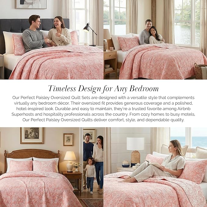 Southshore Fine Living, Inc. Paisley Quilt Queen Size Bedding Set, Summer Coverlet, Boho Bedspread, 3-Piece Farmhouse Bedding with Two Matching Pillow Shams, Full/Queen Bed Set, Reversible Coral