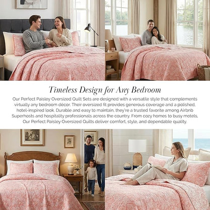 Southshore Fine Living, Inc. Paisley Quilt Queen Size Bedding Set, Summer Coverlet, Boho Bedspread, 3-Piece Farmhouse Bedding with Two Matching Pillow Shams, Full/Queen Bed Set, Reversible Coral