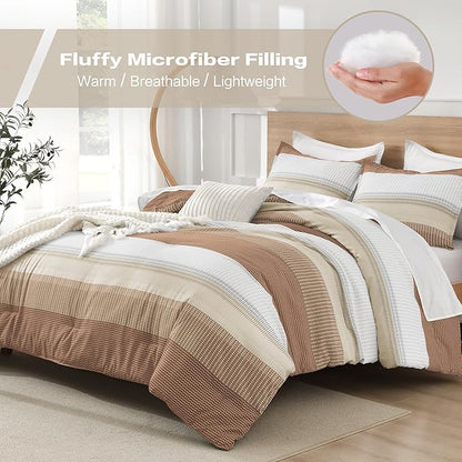 Litanika Queen Comforter Set Beige - 3 Pieces Lightweight Taupe Khaki White Colorblock Stripe Fluffy Bedding Comforter Sets, All Season Bed Set