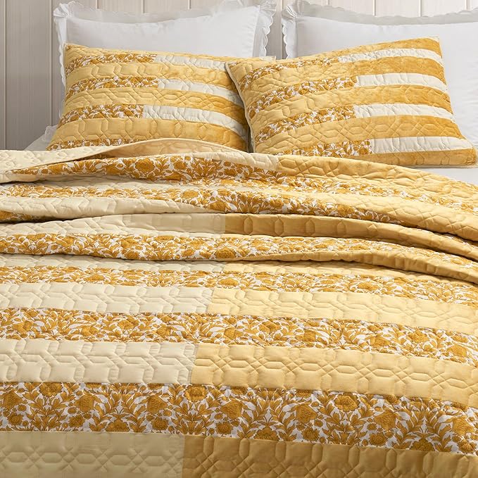 Wonderful Yellow Patchwork Spring Quilt Queen - Real Stitched Cotton Velvet Microfiber Mixed Bedding - 3-Piece Piano Key Splicing Floral Bedspread - Lightweight Geometric Quilted Coverlet | Breathable Material, Soft Touch, Wrinkle-Resistant, Machine Wa...