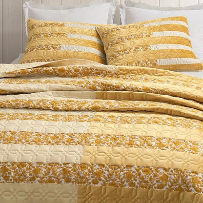 Wonderful Yellow Patchwork Spring Quilt Queen - Real Stitched Cotton Velvet Microfiber Mixed Bedding - 3-Piece Piano Key Splicing Floral Bedspread - Lightweight Geometric Quilted Coverlet | Breathable Material, Soft Touch, Wrinkle-Resistant, Machine Wa...