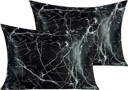 NTBAY 2 Pack Satin Standard Pillowcases for Hair and Skin, Luxurious and Silky Marbling Printed Pillow Cases with Envelope Closure, 20x26 Inches, Black