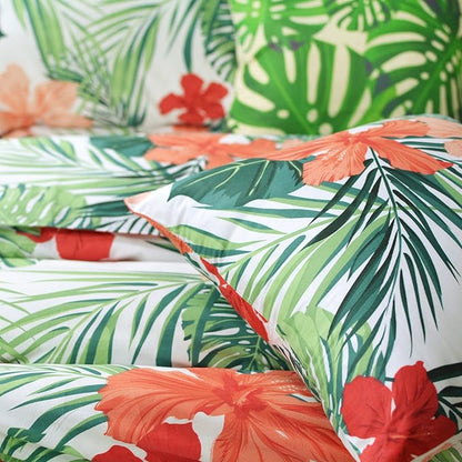 FADFAY Tropical Red Hibiscus Palm Leaves Duvet Cover Set Exotic Plants Bedding Super Soft 100% Cotton,1 Duvet Cover & 2 Pillow Shames,Twin Size
