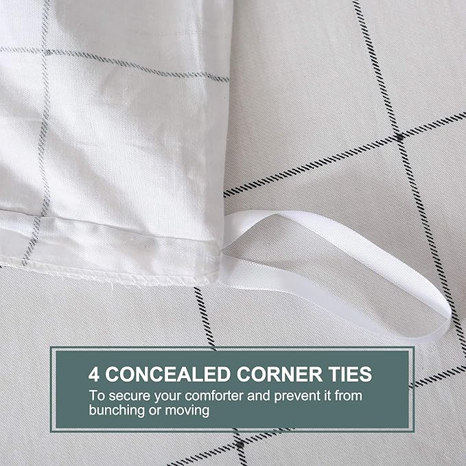 JELLYMONI 100% Natural Cotton 3pcs Plaid Duvet Cover Sets,White with Black Grid Geometric Pattern Printed Comforter Cover,with Zipper Closure & Corner Ties(Queen Size)