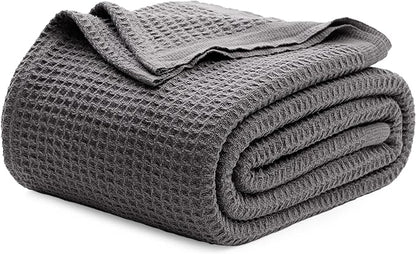 Bedsure Gentlesoft 100% Cotton Blanket Queen Size for Bed - Cooling Breathable and Soft for Spring Summer, Thick Cozy Waffle Weave Blanket Gifts for Women, Dark Grey, 90x90 Inches