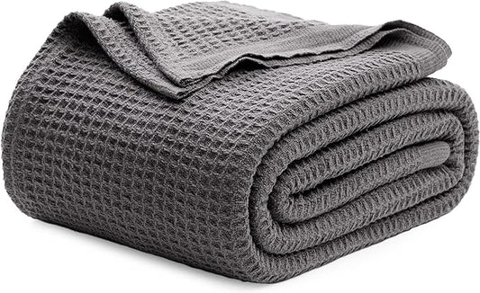 Bedsure Gentlesoft 100% Cotton Blanket King Size for Bed - Cooling Breathable and Soft for Spring Summer, Thick Cozy Waffle Weave Blanket Gifts for Women, Dark Grey, 104x90 inches