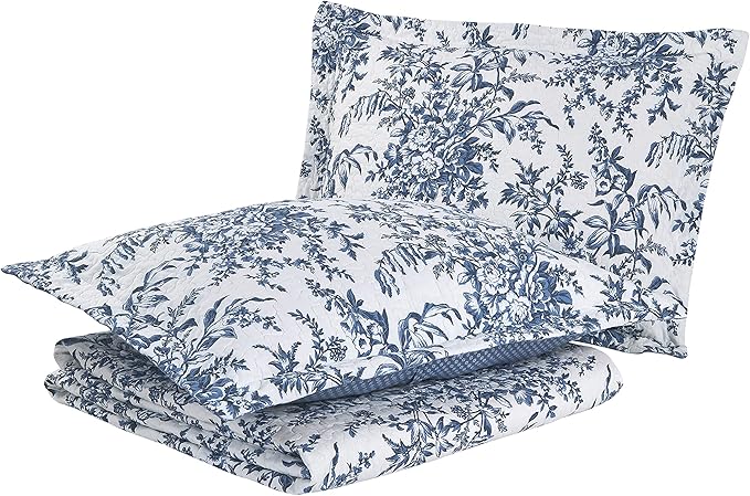 Laura Ashley - Twin Quilt Set, Soft & Reversible Cotton Floral Bedding with a Medium Weight Feel, 2 Piece Bed Set with Matching Pillowcases (Bedford Delft Blue)
