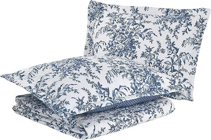 Laura Ashley - Twin Quilt Set, Soft & Reversible Cotton Floral Bedding with a Medium Weight Feel, 2 Piece Bed Set with Matching Pillowcases (Bedford Delft Blue)