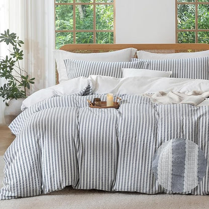 MILDLY Charcoal Striped Duvet Cover - 100% Washed Cotton Jacquard Textured Comforter Cover with Dual Zipper Closure & 8 Coner Ties