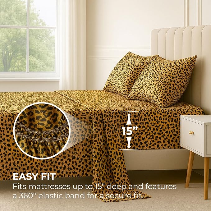 Satin Sheets Twin [3-Piece, Gold Leopard] Hotel Luxury Silky Bed Sheets - Extra Soft 1800 Microfiber Sheet Set, Wrinkle, Fade, Stain Resistant - Deep Pocket Fitted Sheet, Flat Sheet, Pillow Cases