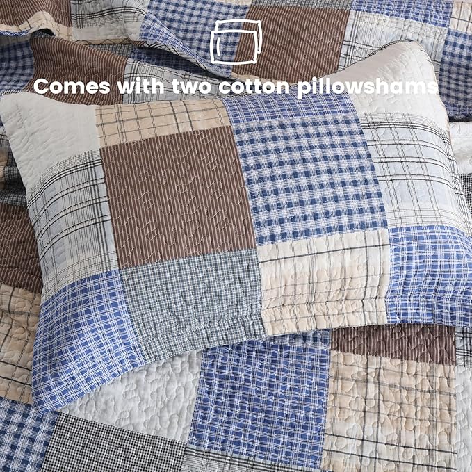 Secgo Queen Comforter Set for Bed - 100% Cotton Quilts Queen Size, Bule, Plaid Bedspreads (90 * 98 Inch) with 2 Pillow Shams, Patchwork Reversible Lightweight Bedding