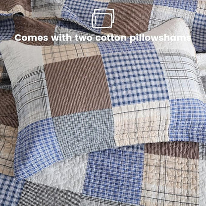 Secgo Queen Comforter Set for Bed - 100% Cotton Quilts Queen Size, Bule, Plaid Bedspreads (90 * 98 Inch) with 2 Pillow Shams, Patchwork Reversible Lightweight Bedding