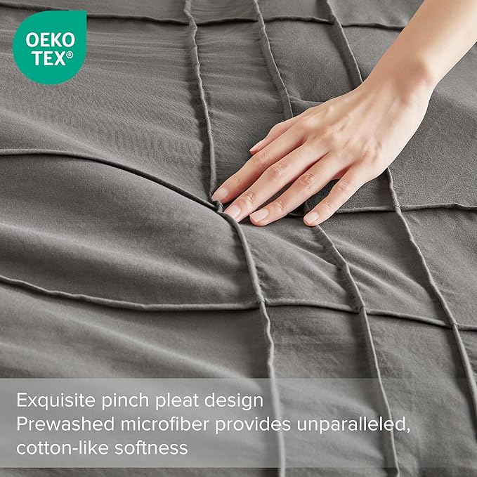 Comfort Spaces Grey Twin Size Comforter Set - 2 Pieces Pintuck Pleated Bedding Sets Twin, All Season Lightweight, Extra Softness Pre-Washed Microfiber Twin Bed Set, Shams, Twin/Twin XL