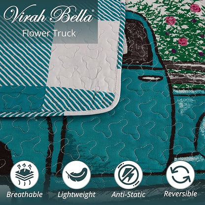 Virah Bella 3 Piece Full/Queen Cabin Quilt Bedding Set - Flower Truck - Rustic Country Reversible Patchwork Comforter Set with Decorative Pillow Shams