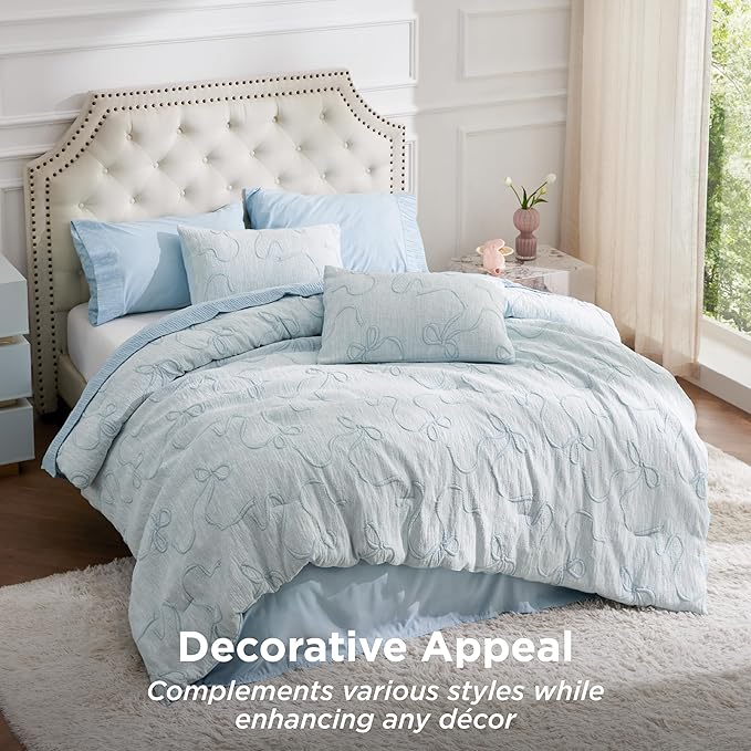 Bedsure Dasty Blue Full Size Comforter Sets for Girls, GentleSoft™ 3 Pieces Bow Comforter with 2 Pillow Shams, Cute Girls Full Size Bedding Sets Room Decor Aesthetic Bedroom Decor, 82x86 Inches