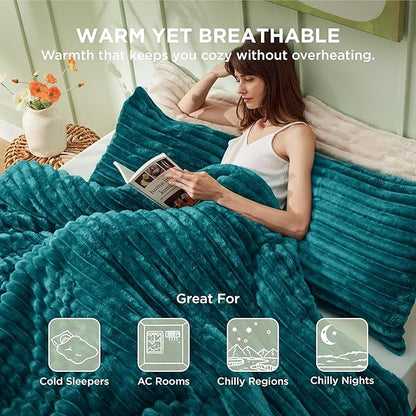 Bedsure Comforter Set Queen Size - GentleSoft™ 3 Pieces Double-Side Fleece Fluffy Teal Comforter Set, Cozy Striped Room Decor Aesthetic, Luxury Bedding Queen Size, 2 Pillowcases, 90x90 Inches